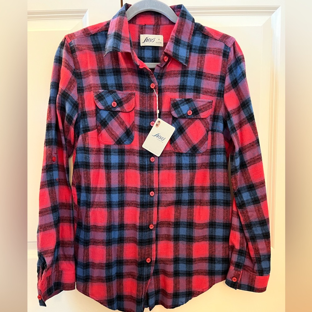 NWT Inso Collection Plaid Flannel Shirt, red & blue